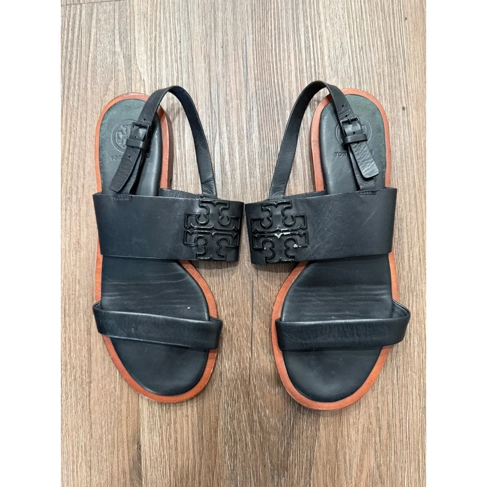 Tory Burch Black Leather Slingback Flat Sandals Logo Strap Womens 7M